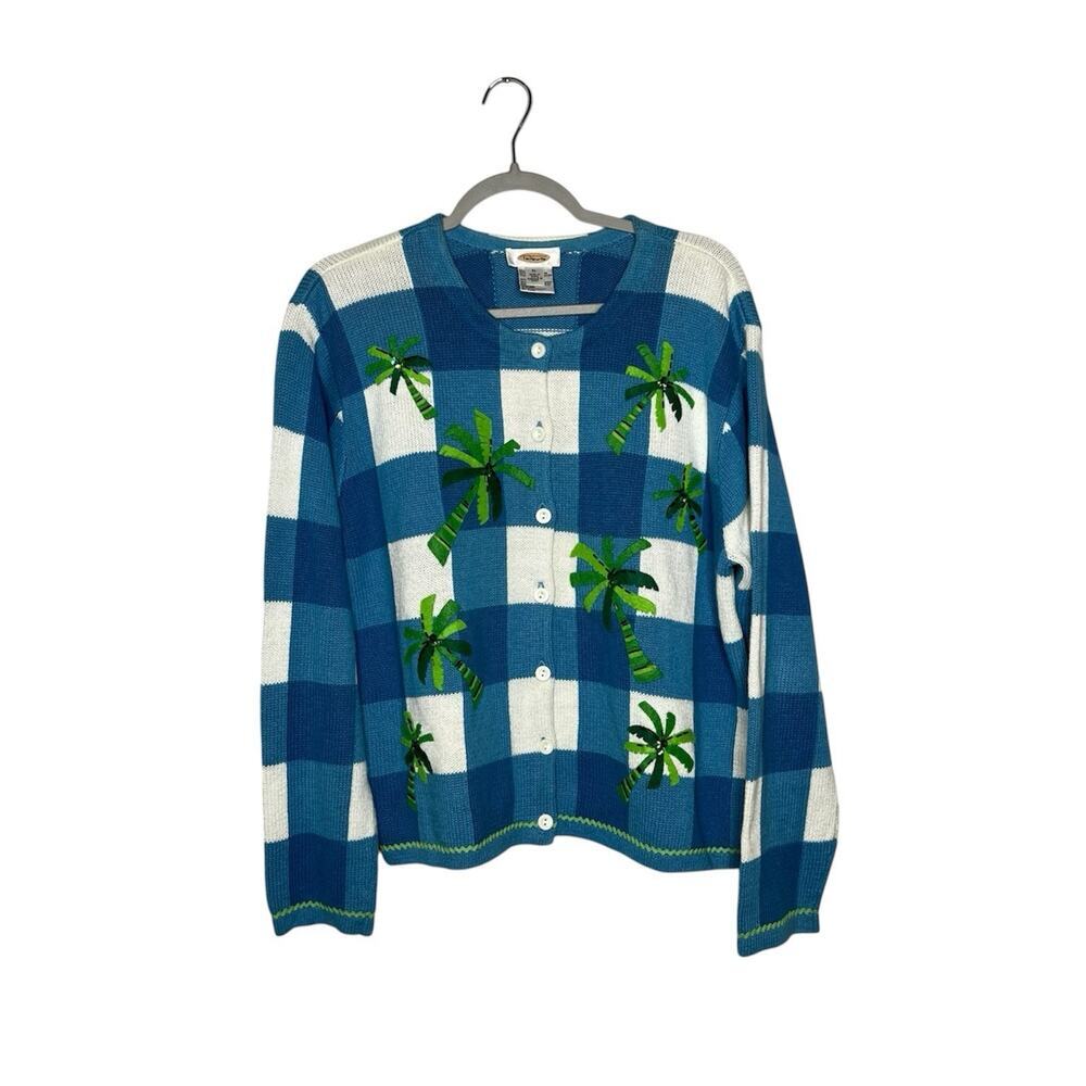 Vintage Talbots Sweater Womens XL Cardigan Patchwork Palm Trees Cable Knit 90s
